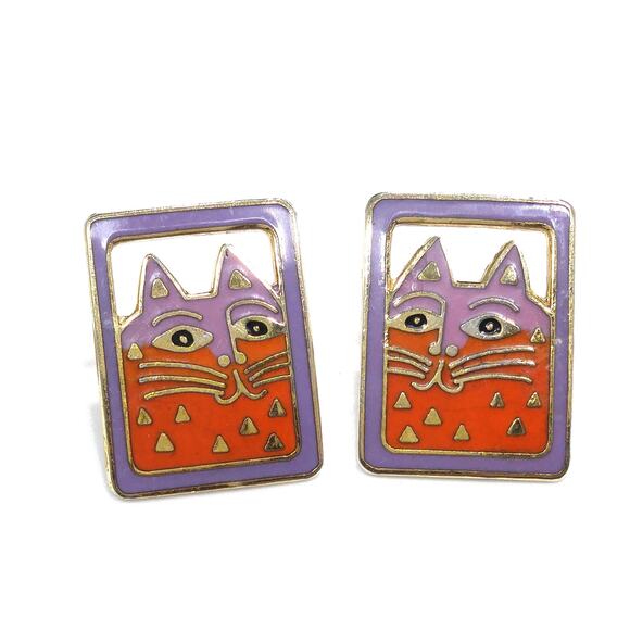 Vintage Laurel Burch "Mallory's Cat" Post Earrings, Gold Plated, Cloisonne - Picture 2 of 10